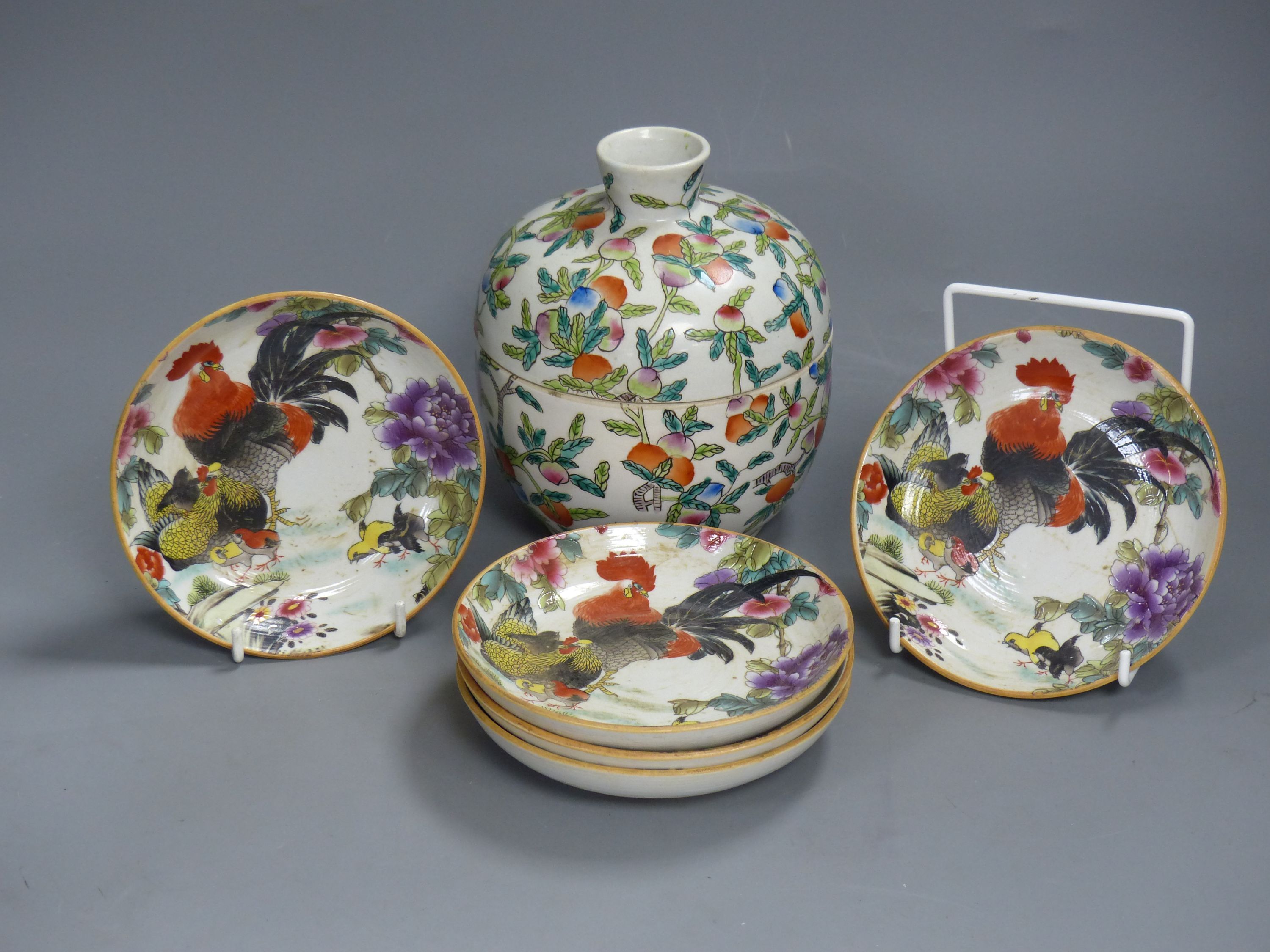 A Chinese famille rose Kamcheng and five ‘cockerel’ saucers, height 15.5cm